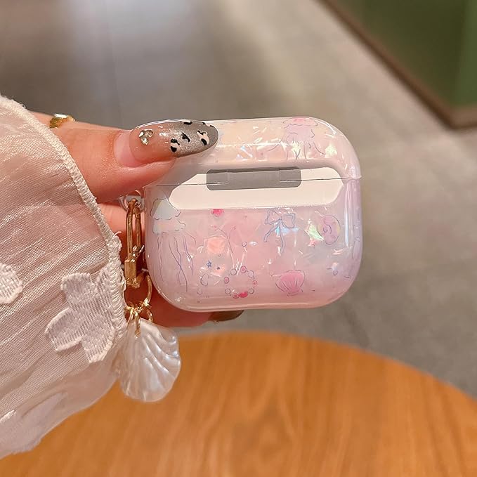 for AirPod 4 Case Cute Shell Pearl Ocean Design for Women Girls TPU Protective Cover with Keychain Compatible for AirPods 4th Generation (Glitter Jellyfish)