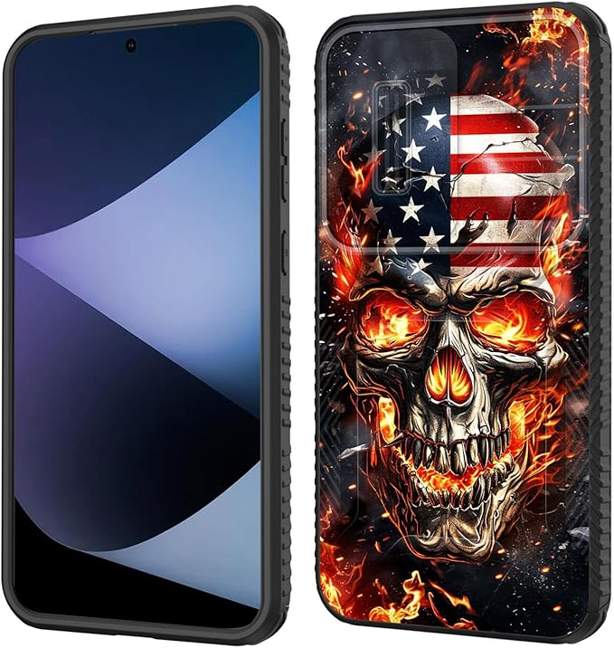 for Galaxy A35 5G Case Built in Slide Camera Lens Cover,Heavy Duty Shockproof Protection Dual Layer Case for Samsung Galaxy A35 5G 6.6 inch 2024,American Flag Flame Skull
