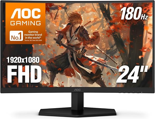 AOC 24 Inch Curved Gaming Monitor FHD 1080P 180Hz VA 0.5ms HDR, C24G42E
