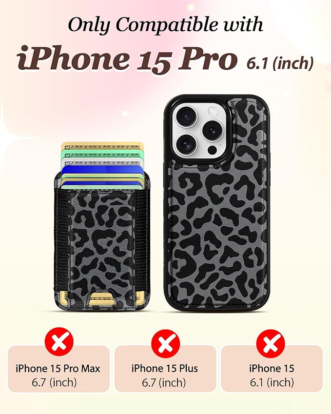 Shorogyt for iPhone 15 Pro Wallet Case - Fits 5 Cards, Compatible with Magsafe Detachable Magnetic Credit Card Holder Leather Cardholder Cute Phone Cover Women Girls for Apple 15Pro, Leopard
