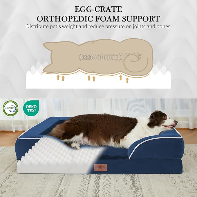 Comfort Expression Orthopedic Dog Bed for Large Dogs 36x27 Inch, Waterproof Supportive Egg Crate Foam Large Pet Bed with Removable Bolsters, Dog Couch with Washable Cover & Non-Slip Bottom, Navy Blue