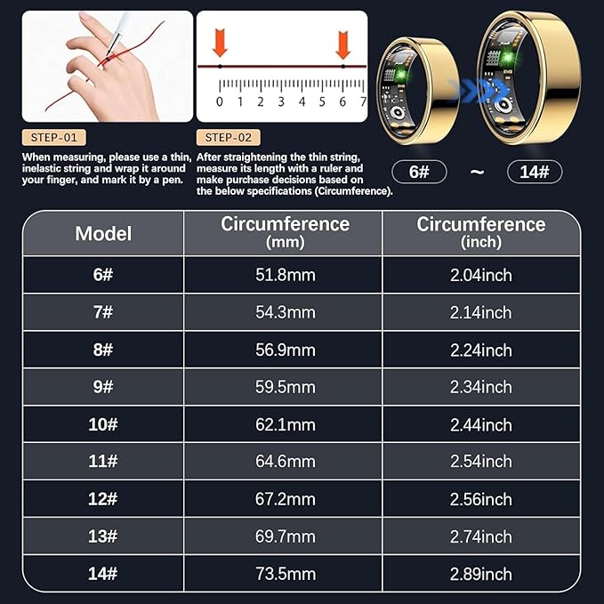 Ring Health Tracker for Women Men, Fit Ring with Heart Rate, Blood Oxygen, Sleep Monitor, Calories, Step Counter, IP68 Waterproof Smart Ring for iPhone & Android, No Subscription Fee (Gold, 12#)