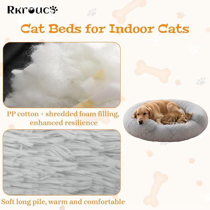 Fluffy Dog Bed Calming Donut Beds for Large Dogs Warming Round Small Medium Pet Nest Cozy Cat Mattress Indoor Washable Puppy Kennel Kittens Sleep Mat (L, 35.4×35.4 inch, Light Gray)