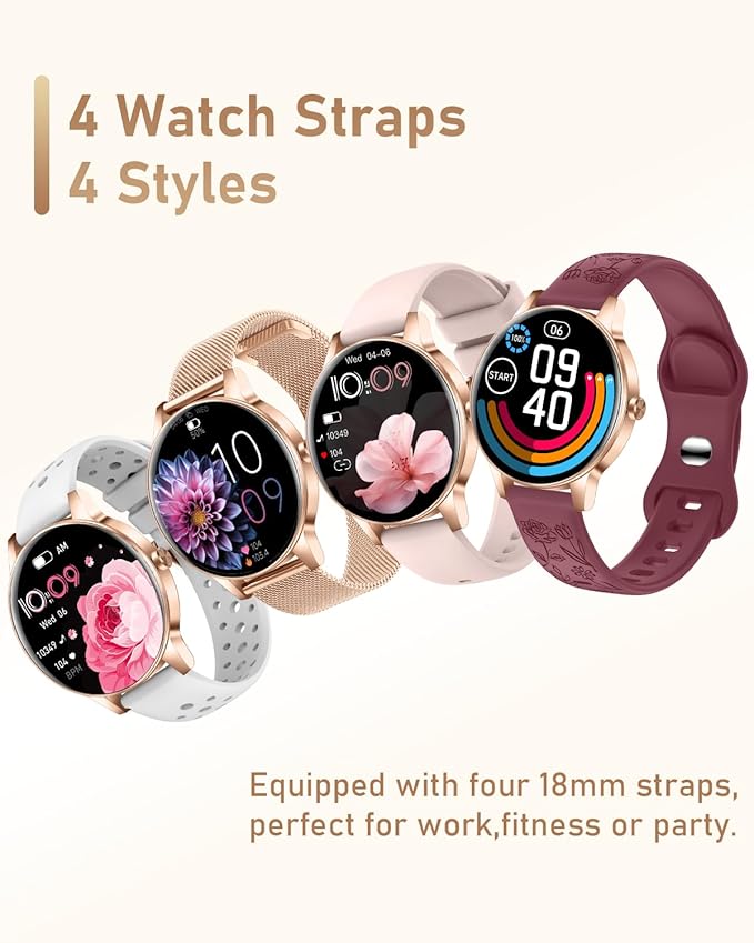 Smart Watch for Women, Answer/Make Call,1.27'' Touchscreen, 120+ Sports Fitness Tracker, 24H Heart Rate/SpO2/Sleep/Menstrual Cycle/IP68 Fitness Watch for Android iOS, 4 Straps (Rose Gold)