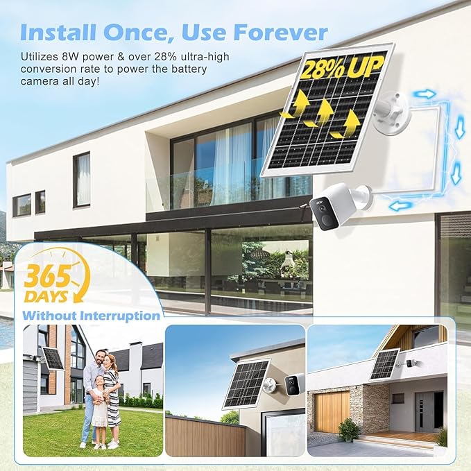 8W Solar Panel Charger for Outdoor Security Cameras, with Micro USB/USB-C and DC (35 x 135) Port, Fits Ring/Eufy/Wyze/Bird Feeder Camera, 13ft Cable, Fast Charging (1 Pack)