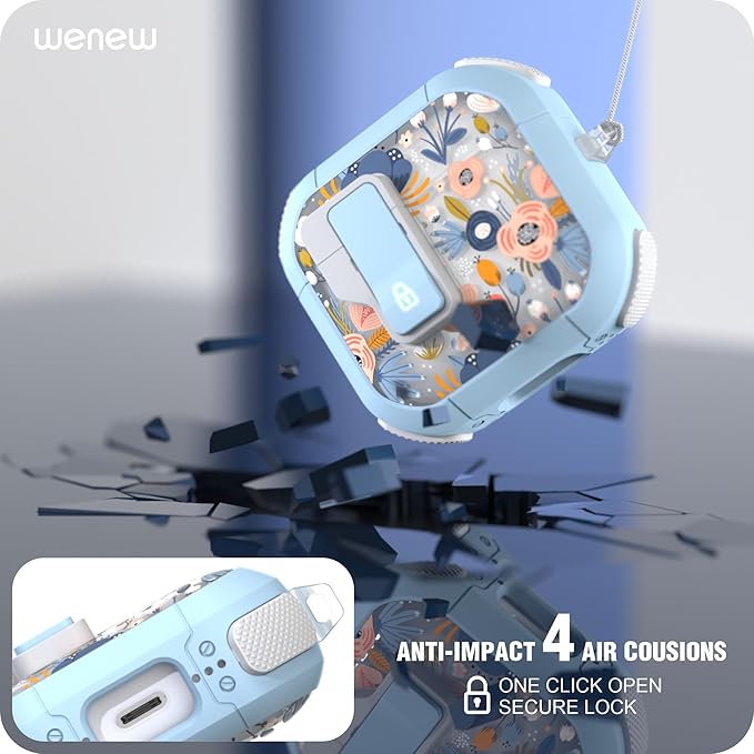 WENEW Case for AirPods 4th Case Cover Secure Lock Automatic Snap Switch Clip Cleaner Kit Lanyard Women Stylish Flower Armour Hard Shell Full Body Front LED Visible (Blue, AirPods 4)