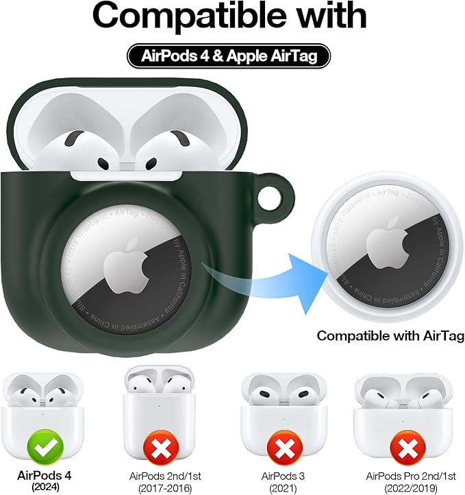 2 in 1 Silicone Case Compatible with AirPod 4 and AirTag 2/1, Shockproof Protective Skin Cover for AirPods 4th Generation with Cleaner Kit & Carabiner (Dark Green)