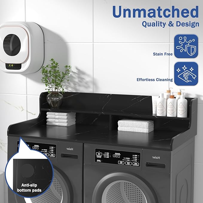 Washer Dryer Countertop with 2-Tier Shelf Universal Fit, Laundry Countertop Over Washer Dryer, Washer Dryer Countertop, Wood Laundry Countertop, 27.5" Depth x 54" Width, Universal Fit Design