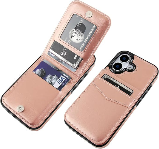 KIHUWEY Compatible with iPhone 17 Case Wallet with Credit Card Holder, Flip Premium Leather Magnetic Clasp Kickstand Heavy Duty Protective Cover for iPhone 17 6.3 Inch (Rose Gold)