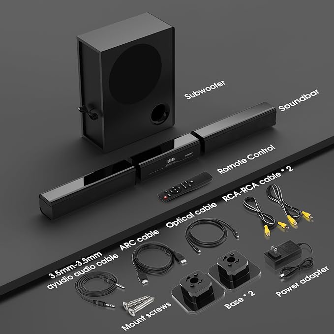 2.1 Channel Sound Bar with Wired Subwoofer, Dorby Audio 35in Detachable TV Soundbar, Bluetooth, HDMI-ARC, Optical, AUX, USB, FM, Coaxial Inputs for Home Theater