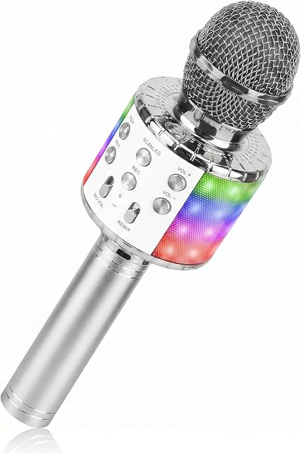 ShinePick Karaoke Microphone, 4 in 1 Wireless Microphone with LED Lights Handheld Portable Karaoke Machine, Home KTV Player, Compatible with Android & iOS Devices (Silver)