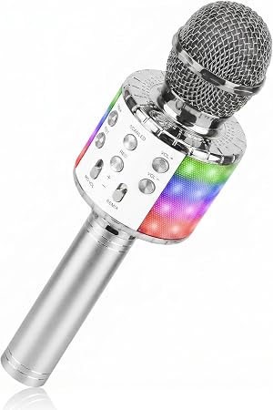 ShinePick Karaoke Microphone, 4 in 1 Wireless Microphone with LED Lights Handheld Portable Karaoke Machine, Home KTV Player, Compatible with Android & iOS Devices (Silver)
