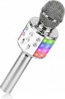 ShinePick Karaoke Microphone, 4 in 1 Wireless Microphone with LED Lights Handheld Portable Karaoke Machine, Home KTV Player, Compatible with Android & iOS Devices (Silver) - Image 1