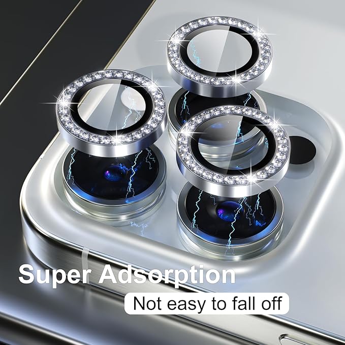Misea Compatible for iPhone 15 Pro/iPhone 15 Pro Max Camera Lens Protector Bling, 9H Tempered Glass Camera Cover Screen Protector Metal Individual Ring Protector Decoration Accessories, Sliver Diamond