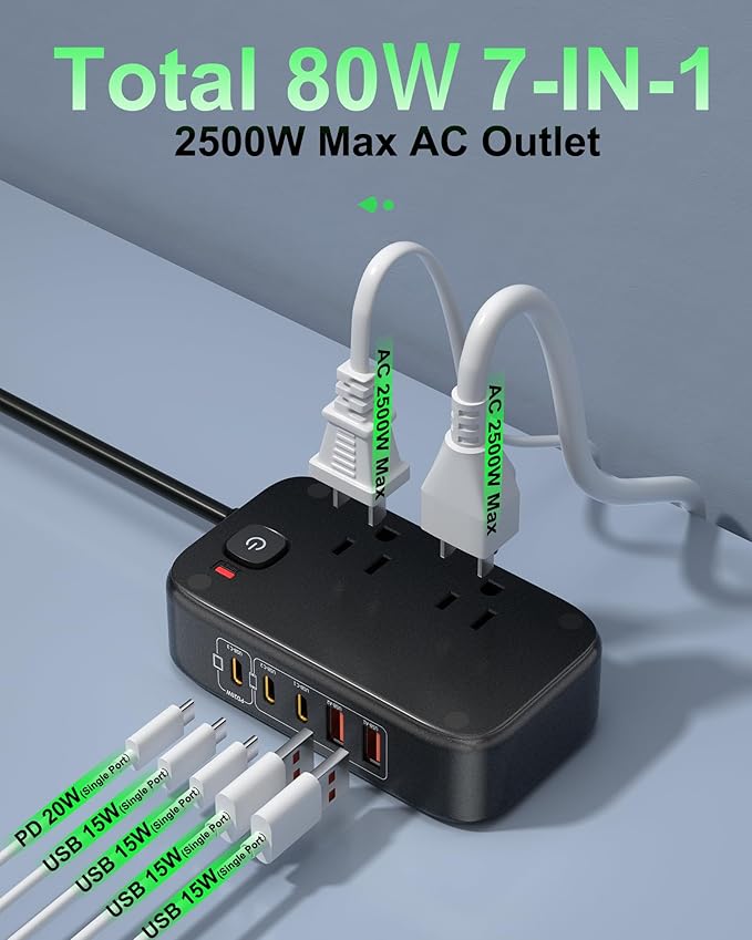 5FT Travel Power Strip with USB Ports, 7-IN-1 Flat Extension Cord USB C Power Strip with 2500W AC Outlets, 3 USB-C Ports, 2 USB-A Ports Outlet Extender for Home/Office/Travel Essentials