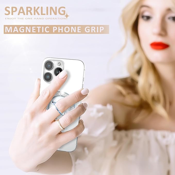 Magnetic Phone Ring Holder for MagSafe Cell Phone Grip Stand Finger Ring Stand Compatible with iPhone 17 16 15 14 13 12 Pro Max MagSafe Accessories Android. (Glitter Blue)
