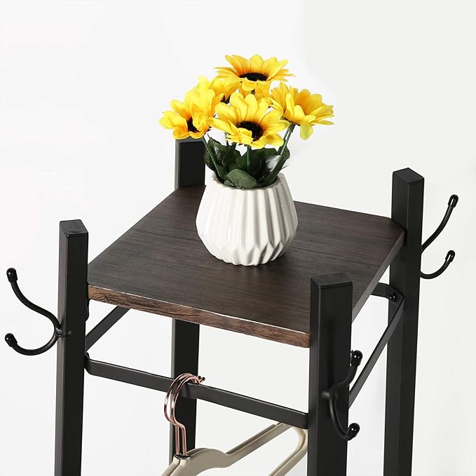VECELO Coat Rack Freestanding,Hall Tree with Metal Basket and Storage Shelves,Industrial Coat Rack Stand with 8 Hooks for Hanging Coats/Hats/Bags/Umbrellas,18 x 18 x 72 In,Walnut Brown