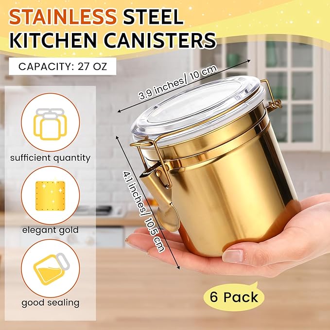 6 Pcs Stainless Steel Food Storage Containers Set Airtight Kitchen Canisters Coffee Jar with Clear Lid and Locking Clamp for Coffee Bean, Tea, Flour, Sugar, Cookie Storage(27 oz)