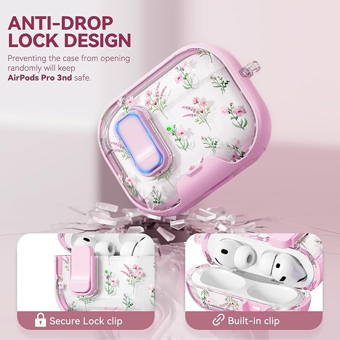 with Safety Lock for AirPods Pro 3 Case 2025,Clear Floral Cute Airpods Pro 3rd Generation Case with Phone Stand & Cleaner Kit for Apple AirPods Pro 3 for Women Girly-Pink Narcissus