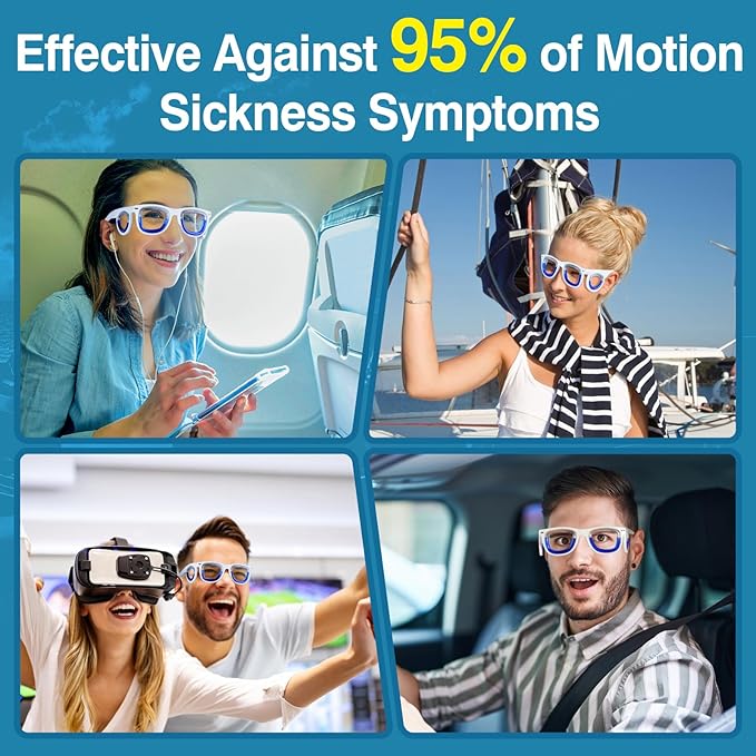 Hion 2 Pairs Adult Anti- Motion Sickness Smart Glasses, Ultra-Light Portable Nausea Relief Liquid Glasses, Carsickness Airsickness Seasickness Glasses, Kids Travel/Cruise Essentials（White+Pink