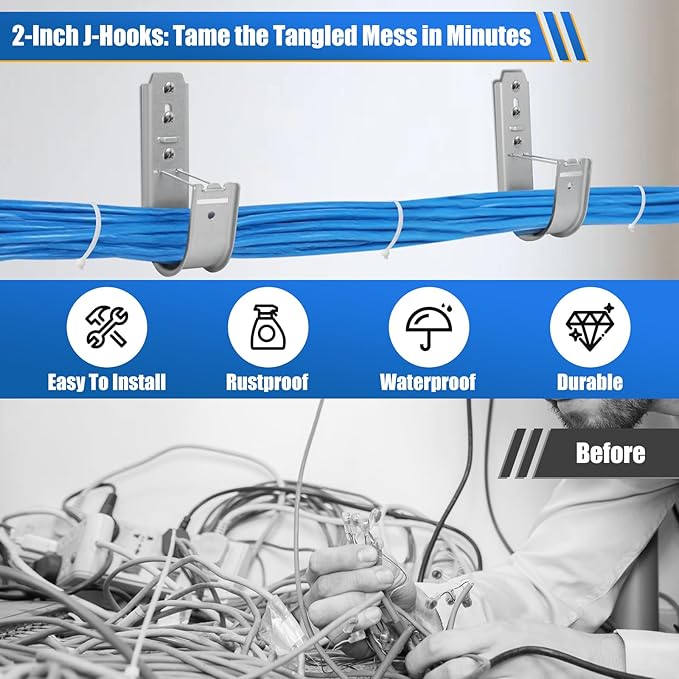 Podoy 2 Inch Cable J Hooks with Retainer Clips,Galvanized Steel J Hook for Cable Management (50 Pack), Cable Support Wall Mount Hooks for Walls/Ceilings Route Network Hanging Cables