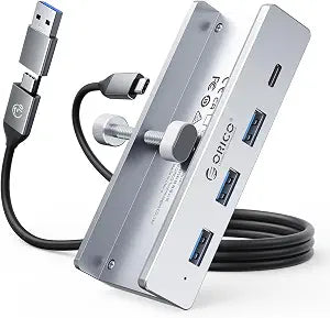 ORICO USB Hub 3.0, Clamp USB Hub with Extra Power Port, 3 USB-A Data Ports, USB-C Port for Monitors, Desks(Silver)