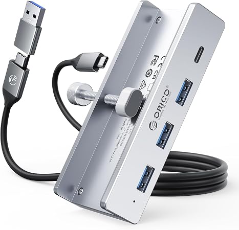 ORICO USB Hub 3.0, Clamp USB Hub with Extra Power Port, 3 USB-A Data Ports, USB-C Port for Monitors, Desks(Silver)
