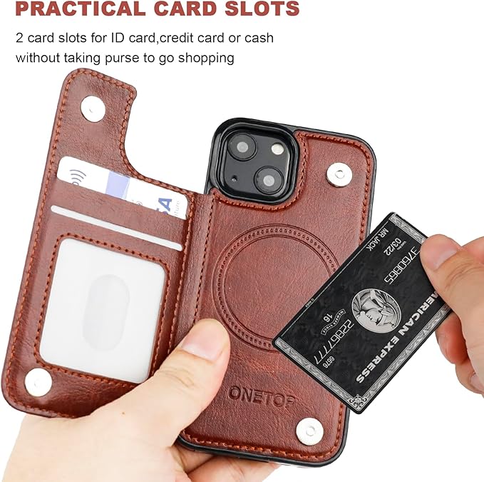 ONETOP Compatible with Magsafe for iPhone 13 Mini Wallet Case with Card Holder, PU Leather Kickstand RFID Blocking Case, Double Magnetic Clasp and Durable Shockproof Cover 5.4 Inch (Brown)