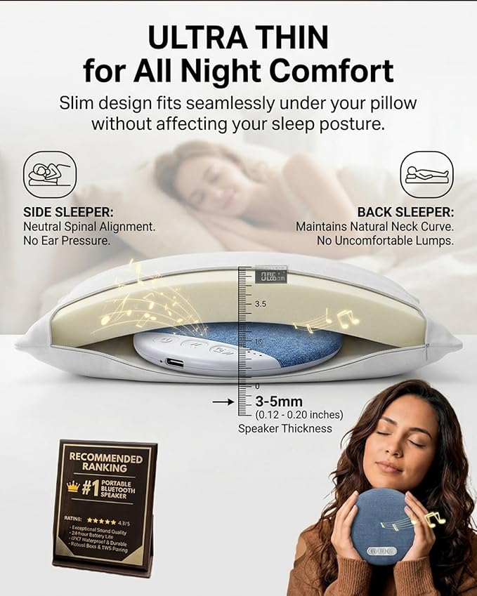 Bone Conduction Pillow Speaker, Bluetooth Under Headrest Sound Box with Timer, Ultra Thin Private Audio Machine for Sleeping, Wireless Bedside Music Aid, Portable Night Rest Gadget(1pc#A)