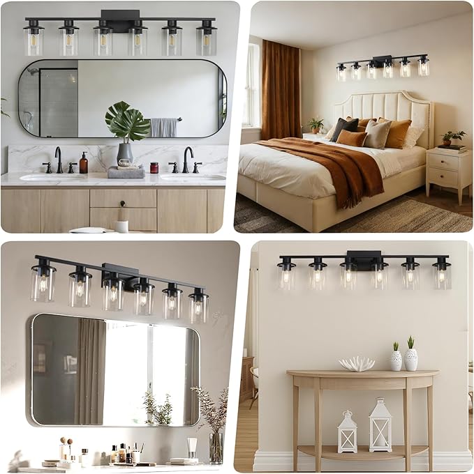 LOUSACE 6 Light Bathroom Vanity Light, 38" Matte Black Vanity Lighting Fixture Over Mirror with Clear Glass Shade, E26 Base