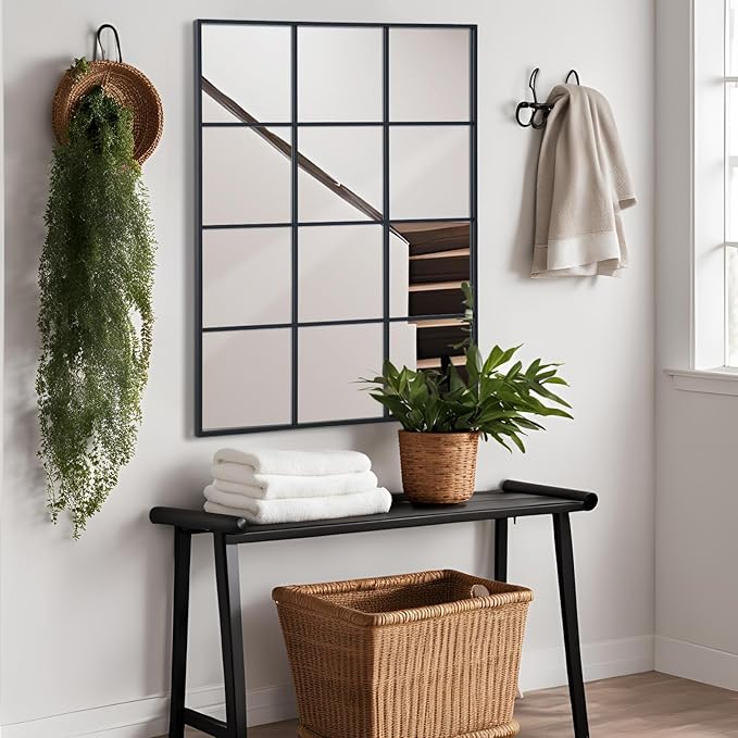 Windowpane Wall Mirror 24"x36" Black Wall Mounted Art Pane Mirror Farmhouse Decorative Mirror Leaning Hanging Wall Mirror for Bedroom Living Room Entrance Hallway Wall Decor
