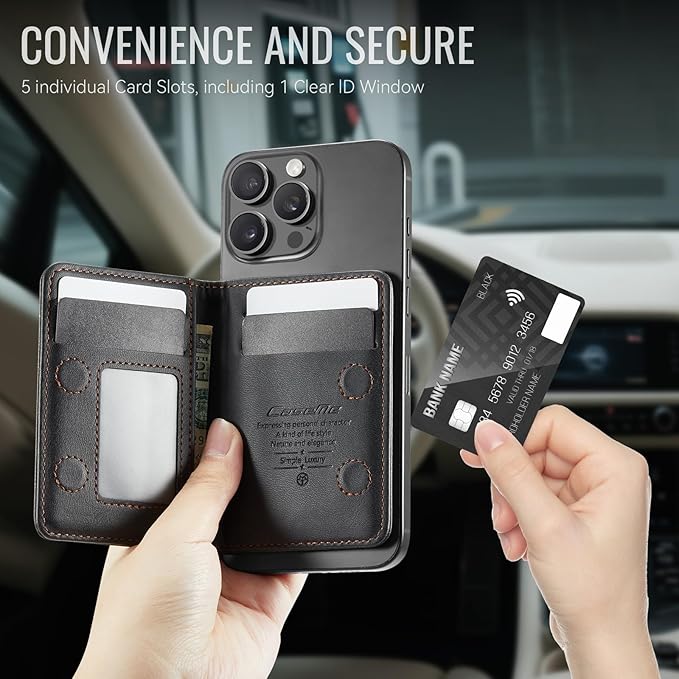QVLANG for MagSafe Wallet, PU Leather Magnetic Card Holder RFID Blocking, 4 Card Slots and 1 Money Slot, Compatible with MagSafe Phones and Cases, for iPhone 17/16/15/14/13/12 Series, Black
