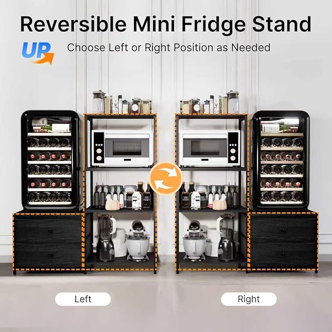 Mini Fridge Stand with Storage, Microwave and mini Fridge Stand with Power Outlet, Coffee Bar,Kitchen Baker,for Dorm,Office(Black)