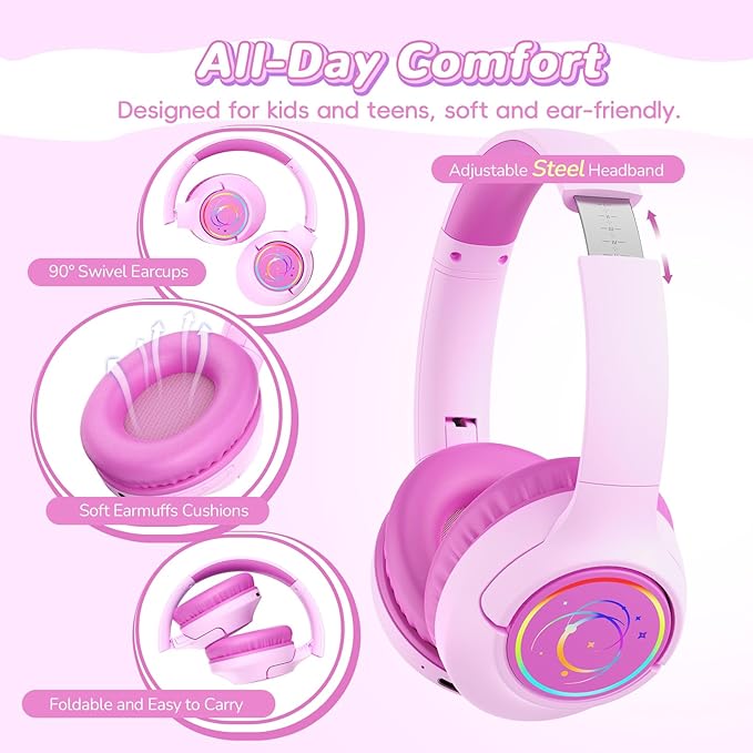 Kids Bluetooth Headphones, 85H Playtime Wireless Headphones for Kids, Colorful LED Lights, 85/94dB Safe Volume Limit, Bluetooth 5.4 Built-in Mic Toddler Headset for Tablet/Airplane (Fuscia Pink)