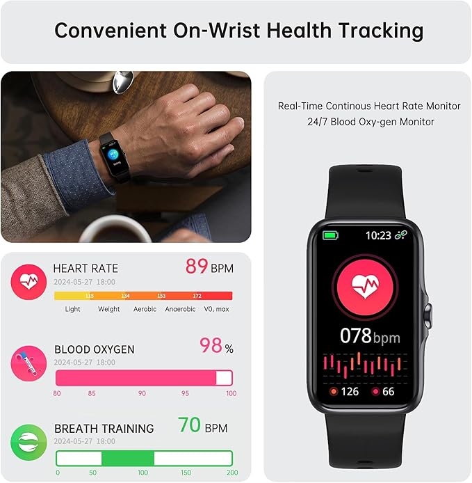 Health Fitness Tracker, Smart Watch with 24/7 Heart Rate and Blood Oxy-gen Monitor, Sleep Tracker with IP68 Waterproof, Activity Tracker Pedometer Step Counter for Women Men (Black)