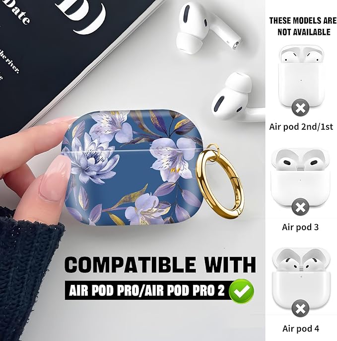 Compatible with AirPod Pro 2nd//1st Generation Case Cover with Key Chain,Full Protective Shockproof Wireless Headphone Case for Airpod Pro 2023/2022/2019（Purple Flowers）