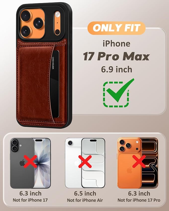 for iPhone 17 Pro Max Case with Wallet - Fits 4 Card Slots, Compatible with MagSafe for Women Men Durable PU Leather Credit Card Holder Kickstand Phone Cover for Apple 17 Promax, Brown