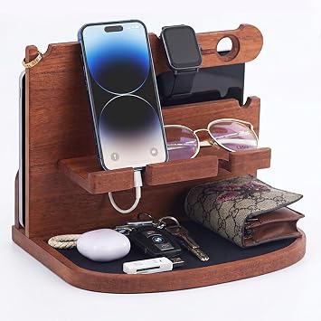 Krismax Wood Phone Docking Station for Men,Husband,Dad-Nightstand&Desk Organizer-Anniversary from Wife-Key Watch&Essentials