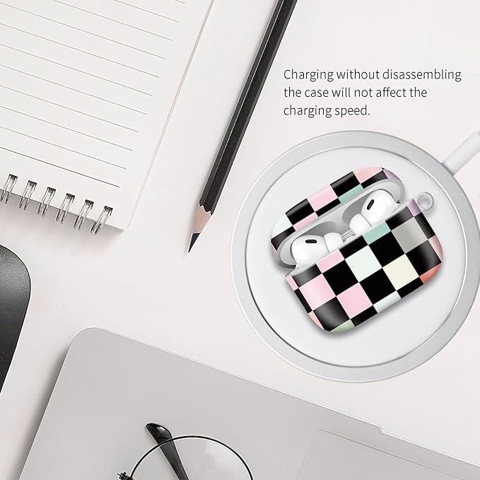 Compatible with Airpod pro 2nd/1st Generation Case Cover with Gold Round Keychain Cute Pattern Hard & Anti Slip Cover for Men Women & Girls（Colorful Squares）