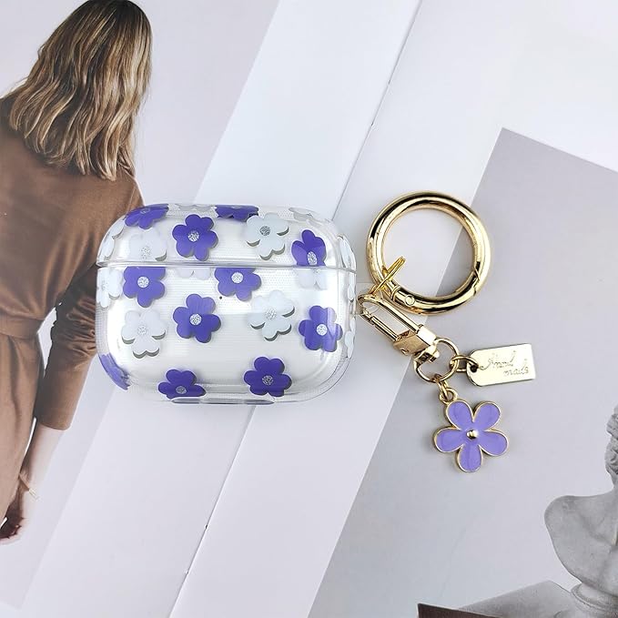 Compatible with AirPods Pro 2 Case Cover 2022, Soft TPU with Cute Flower Pattern for AirPods Pro 2nd/1st Generation Case with Flower Keychain and Carabiner for Girls Women (Purple)