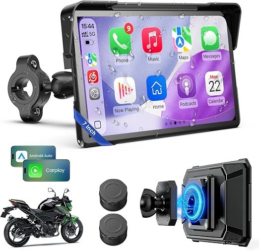 WonVon 7 Inch Wireless Motorcycle Carplay GPS Navigation System with Apple Carplay and Android Auto Portable Screen with Dual Bluetooth, Navigation, Siri, Google Assistant with Magnetic Mount TPMS