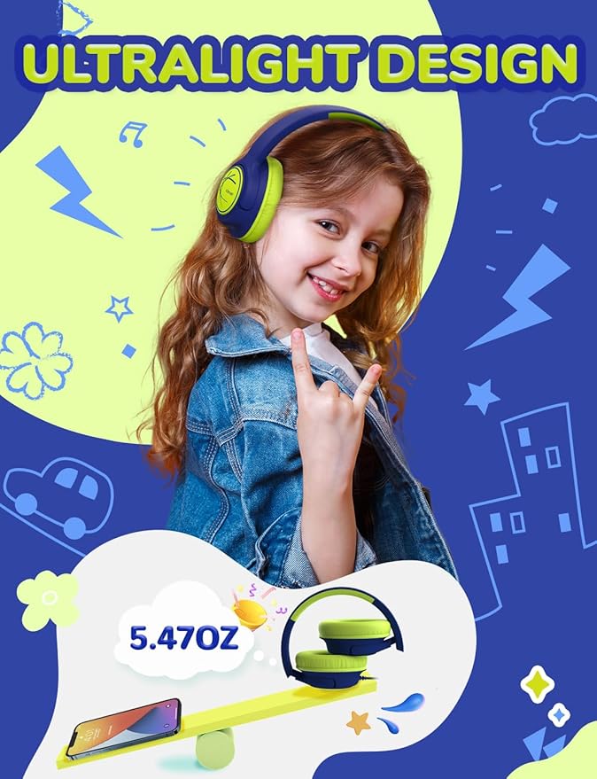 iClever Kids Headphones, Childrens Headphones for Kids 85dBA Safe Volume Limit, Stereo Sound Foldable Over Ear, 3.5mm Jack Boys Girls Headphone for School/Travel/Tablet/PC, Blue Green