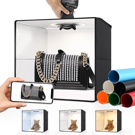 Portable Photo Studio Light Box,16"x16" Professional Dimmable Shooting Tent Kit with 120 LED Lights & 6 Backdrops for Jewelry and Small Items Product Photography