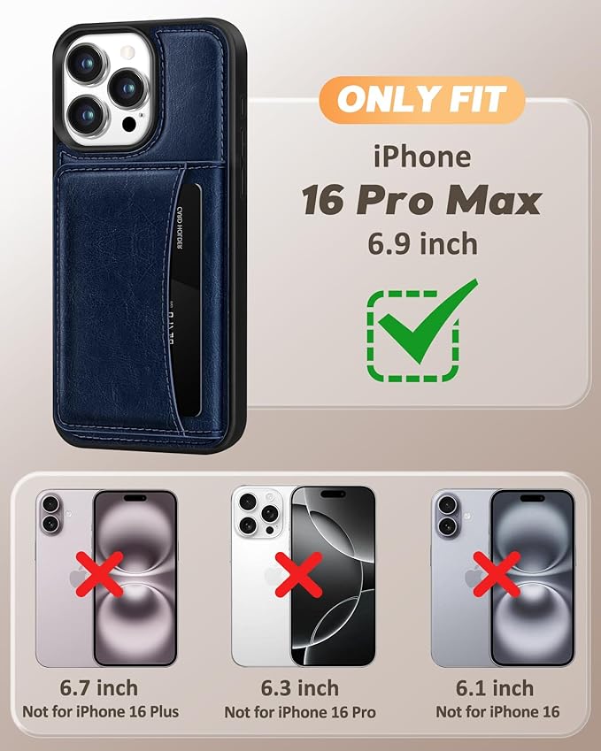 for iPhone 16 Pro Max Case with Wallet - Fits 4 Card Slots, Compatible with MagSafe for Women Men Aesthetic PU Leather Credit Card Holder Kickstand Phone Cover for Apple 16 Promax, Blue