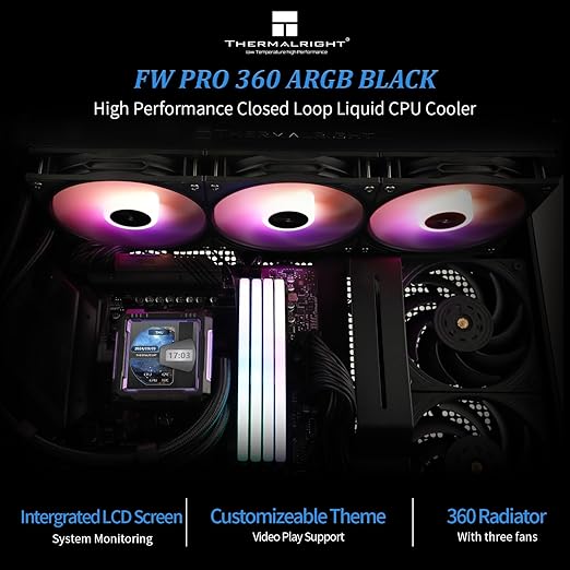 FW PRO 360 ARGB Black CPU Water Cooler,3 PWM Fans Water Cooling System with 2000PRM,for AM4/AM5&Intel LGA1851/1700, Magnetic Detachable LCD Screen with 320 * 320 Resolution