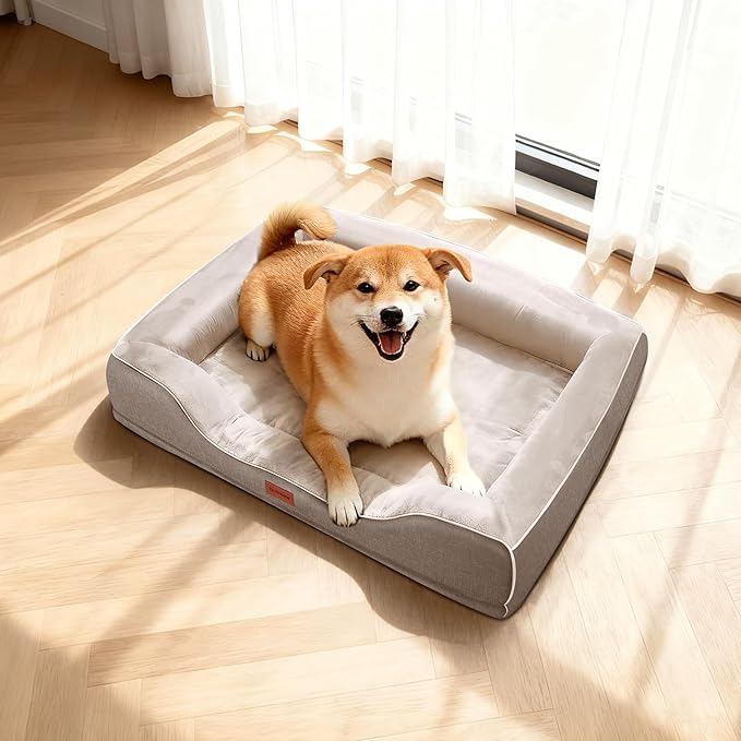 Cooling Dog Beds for Large Dogs with Removable Faux Fur Washable Covers,Waterproof Orthopedic Pet Couch Bed with Cool Gel Memory Foam and Bolster Side for Senior Pets,36" x 27" x 6.5" Beige