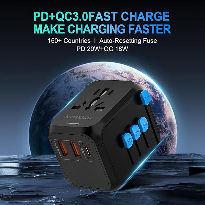 NYQIUGO Universal International Power Travel Plug Adapter with 3 USB Ports (1 USB C), Worldwide Plug Adaptor Wall Charger for USA to Europe UK France Germany Spain Ireland Australia (Type C/G/A/I)