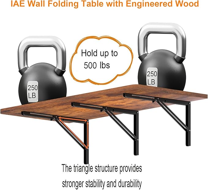 IAE 48" x 22" Floating Foldable Desk,Wall-Mounted Folding Computer Table with Engineered Wood,Study Table with Shelf Brackets,Fold Down Shelf,Fold Computer Desk for Small Spaces,Holds 500 lb,Rustic