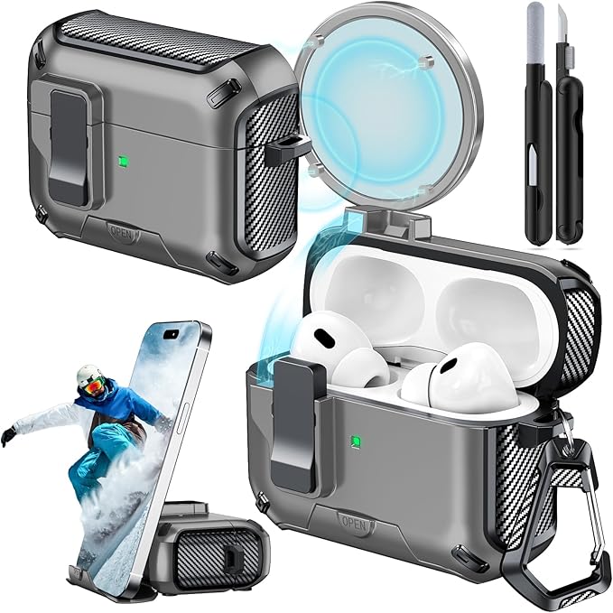 for AirPods Pro 2nd/1st Case (2023/2022/2019) with Phone Stand,（with Automatic Snap Switch） Carbon Fiber Design Protection Cover with Cleaning Pen,Gray