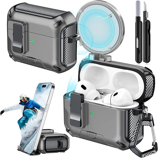 for AirPods Pro 2nd/1st Case (2023/2022/2019) with Phone Stand,（with Automatic Snap Switch） Carbon Fiber Design Protection Cover with Cleaning Pen,Gray